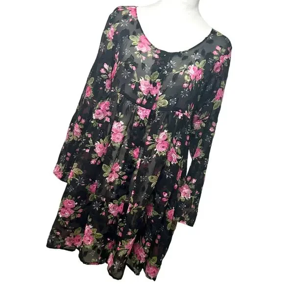 Contempo Casual 90s Floral Sheer Babydoll Fairy Whimsygoth Grunge L/S MEDIUM - Picture 5 of 11
